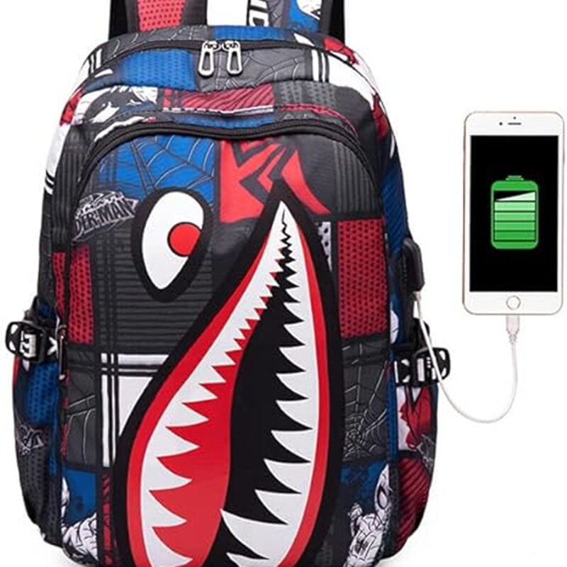 Ransel Sekolah Pria Wanita, tas punggung Laptop modis kasual hiu, tas anak laki-laki dan perempuan remaja dengan pengisi daya USB untuk perjalanan bisnis