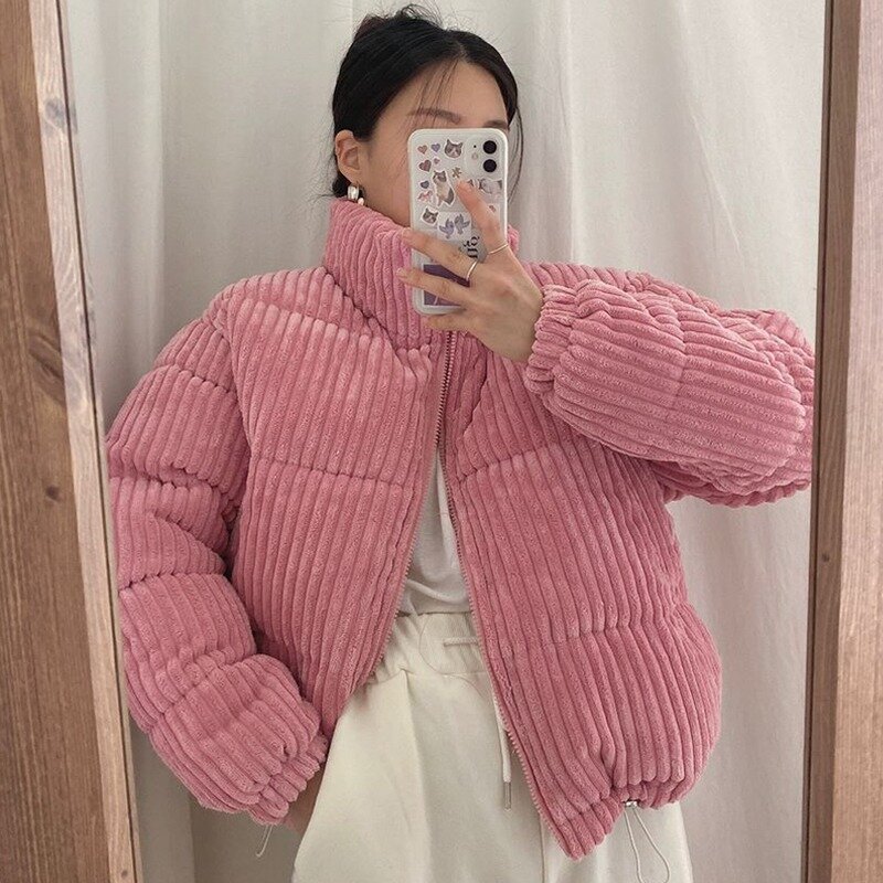 Parkas coreanas para mujer, chaqueta acolchada de algodón de pana, holgada, de Color sólido, con cuello levantado, ropa de exterior corta de uso diario para invierno