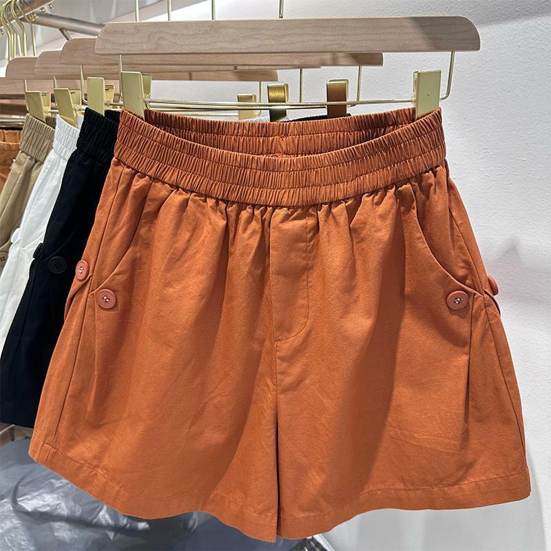 Baumwolle Damen Sommer Shorts Button Design lose elastische Taille Shorts für Frauen Casual Fashion schwarz gerade breite Bein Shorts