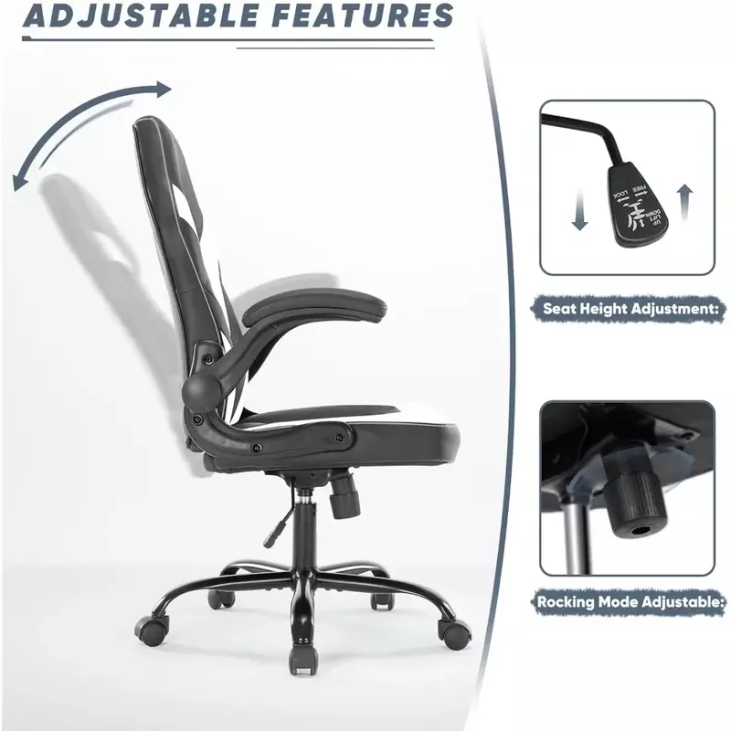 Silla de Gaming blanca con soporte Lumbar, silla de oficina de cuero Pu, brazos abatibles, altura ajustable, silla de escritorio con rueda