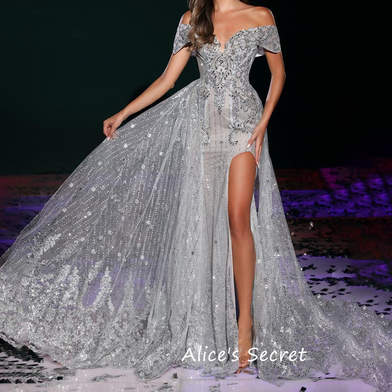 A-Line Tulle Prom Dress Evening Gown Off-Shoulder Sleeveless V Neck Beaded Embroidery Sequined Full Length Court Train
