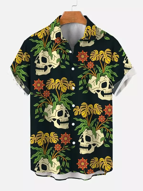 Vintage Skull Floral Koszule Męskie Śmieszna Czaszka 3D Print Streetwear Koszulka z krótkim rękawem Hawajska Koszula z nadrukiem Koszule z klapami dla mężczyzn