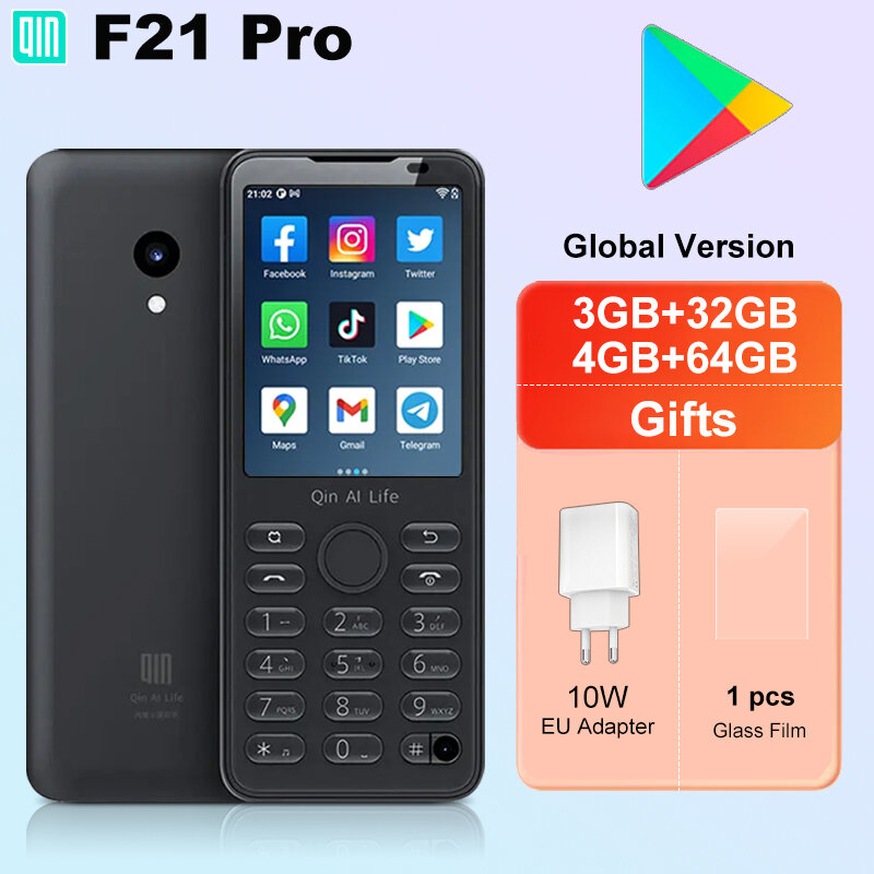 Qin-F21 Pro Smart Touch Screen, Wifi +, 2.8 ", 3GB, 32GB, 4GB, 64GB, Bluetooth 5.0, 480x640, Versão Global, Play Store, duoqin, AI