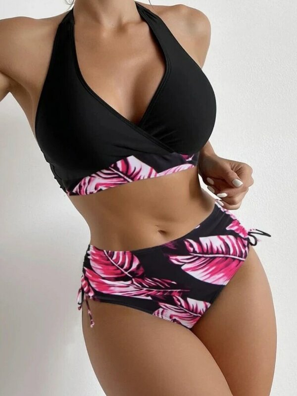Leaf Print High Waist Bikini Women 2023 Sexy Swimwear Drawstring Bathing Suits Halter Biquini Brazilian Swimsuit Beach Wear