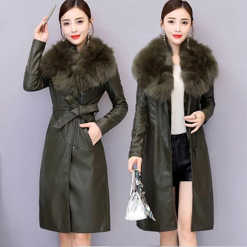 2023 New Winter Women giacca in pelle collo di pelliccia grande nuovo velluto foderato in peluche cintura calda sottile cappotto lungo in pelle capispalla femminile M-4XL