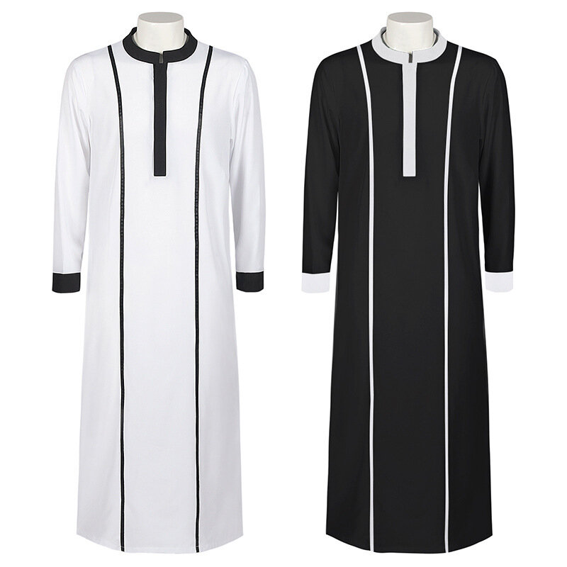2024 Men's Muslim Thobe Kaftan Robe Dubai Long Gown Ethnic Prayer Clothes Clergy Vestment Robes Saudi Arabia  Muslim Fashion