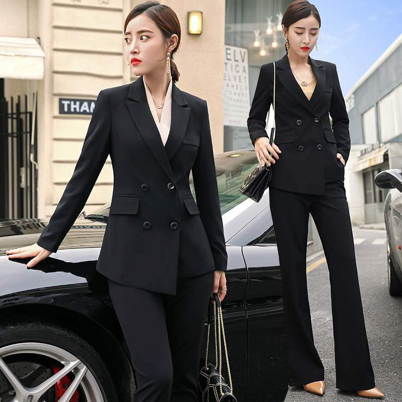 女性のフォーマルパンツスーツ,オフィスウェア,2ピースセット,黒,白,赤,ダブルブレスト,スイート