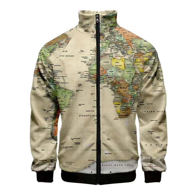 Chaquetas con estampado 3d de mapa del mundo para hombres y mujeres, abrigo de manga larga de calle, chaqueta con cremallera de gran tamaño, ropa de abrigo masculina con personalidad, ropa superior