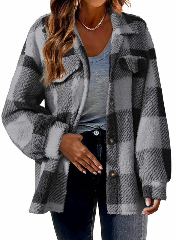 Jaqueta de lã xadrez feminina com bolsos, casaco casual solto, confortável e versátil, botão, nova moda, outono e inverno, 2023