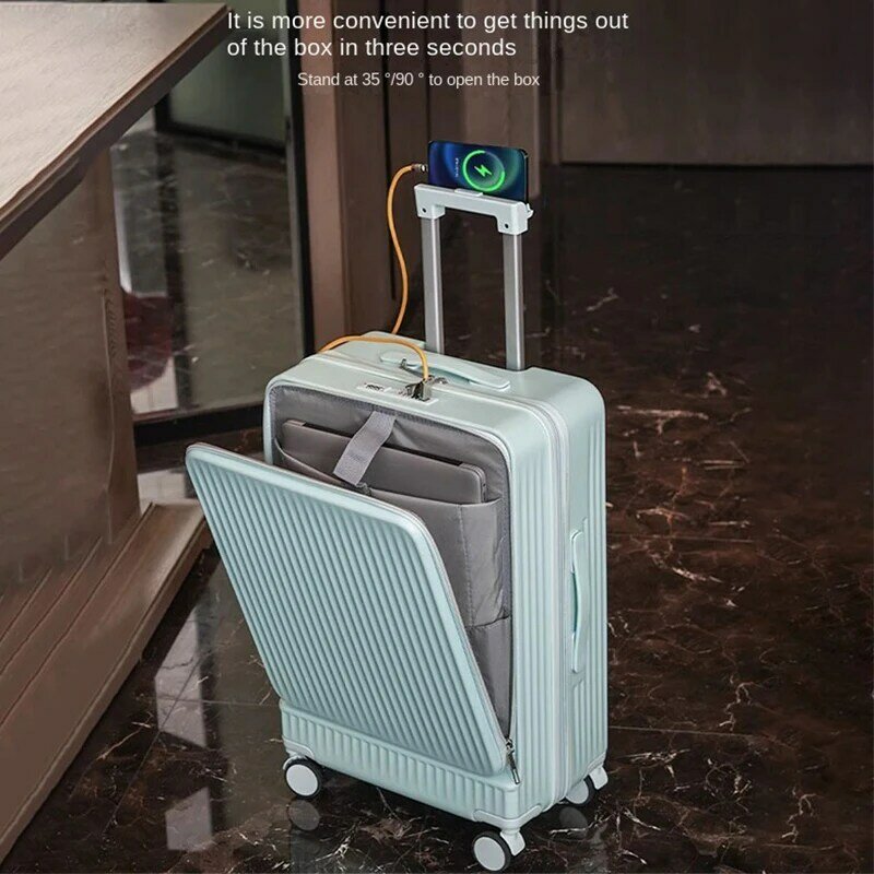 Tas koper Laptop bukaan depan, koper USB pemegang cangkir tas perjalanan kabin Jinjing 18/20/26/28 "casing troli bergulir