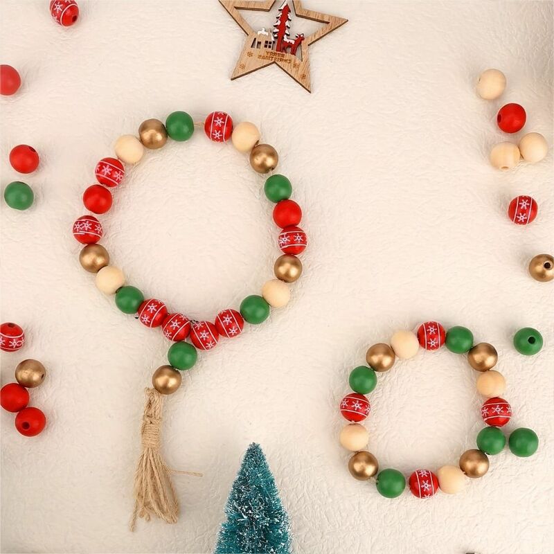 50pcs Christmas Tree Round Beads Christmas Color Wood Beads Snowflake Beads 16mm Christmas Wood Ball Christmas Color Colourful