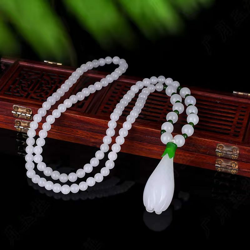 Natural White Jade Orchid Necklace Women Fine Jewelry Genuine Hetian Jades Nephrite Orchid Flower Pendant Sweater Chain Necklace