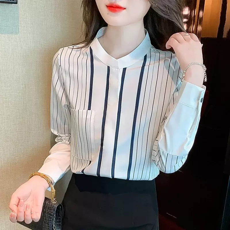 Satin Long-sleeved  Women Shirt Striped with Button and O-Neck Summer Blouse CasualTop