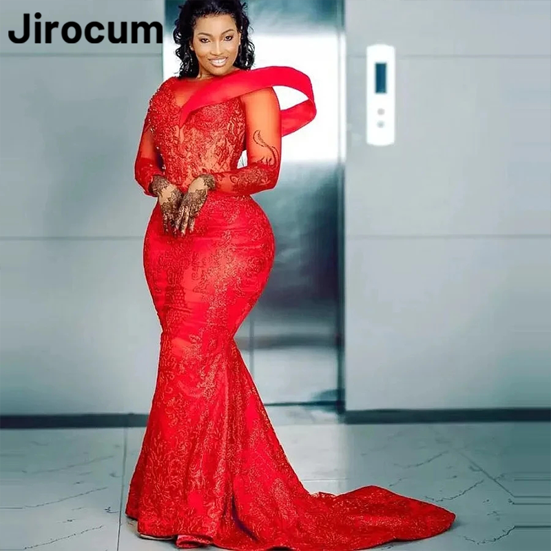 Jirocum Sexy O Neck Mermaid Prom Gown Lace Appliqué Long Sleeve Party Evening Dress Plus Size Floor Length Formal Occasion Gowns