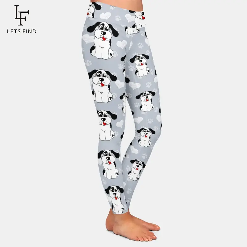 LETSFIND-Pantalones elásticos de cintura alta para mujer, Leggings informales con estampado 3D de dibujos animados de perros y pata de perro, seda de leche