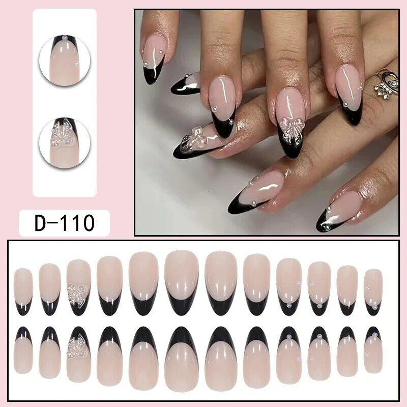24Pcs Almond Press on Nails Black French Fake Nails 3D Bowknot Pearls Design Wearable False Nails Tips for Women DIY Manicure