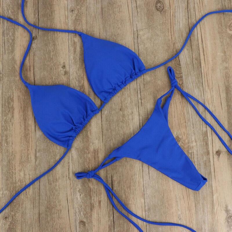 Set Bikini 2 potong/Set Bikini seksi Bikini 2024 warna Solid tali Halter leher tali pakaian renang Thong baju renang wanita Set baju renang untuk pantai