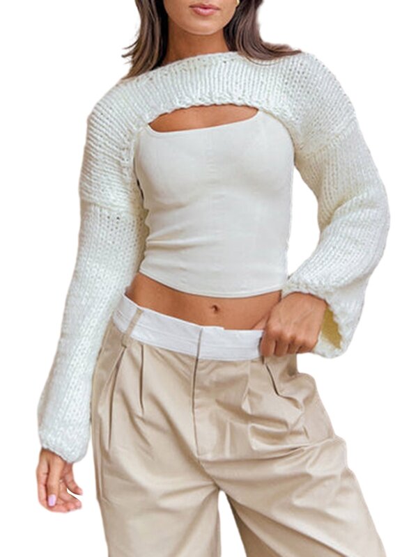 Women Knit Shrug Grunge Solid Color Loose Fit Crochet Crop Tops Open Front Long Sleeve Bolero Streetwear