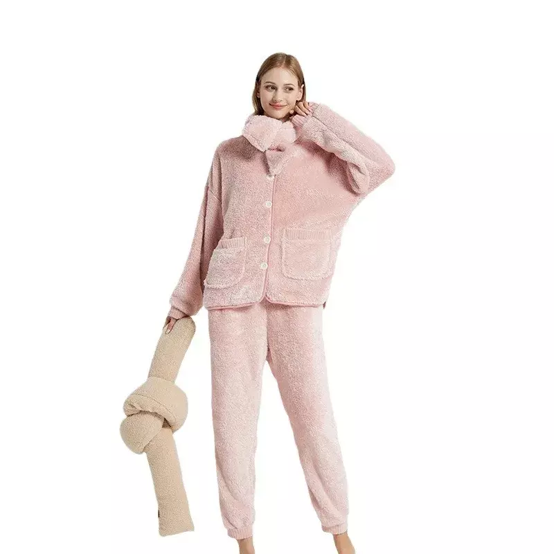 Pijama feminino de veludo coral grosso macio, roupas íntimas quentes, casais, roupas íntimas de inverno, novo