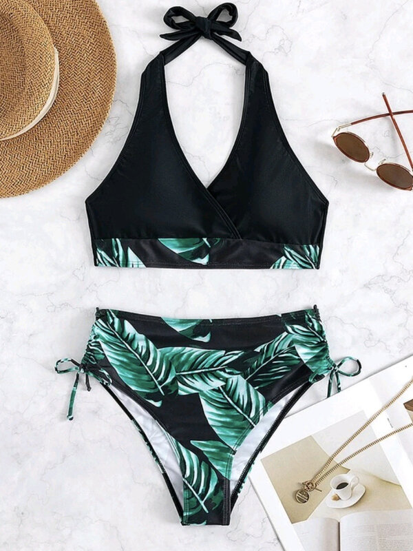 Bikini de cintura alta con estampado de hojas para mujer, bañador Sexy con cordón, trajes de baño con cuello Halter, ropa de playa brasileña, 2023
