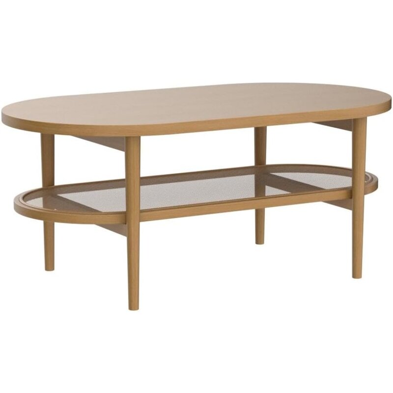 Tavolino con ripiano portaoggetti mobili da caffè in legno chiaro/Rattan