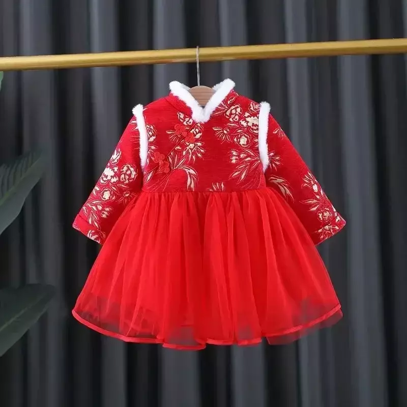 Traje Tang rojo de terciopelo para niña, ropa de bebé, traje tradicional chino, Año Nuevo, vestido de princesa Hanfu, Cheongsam para niños, Invierno
