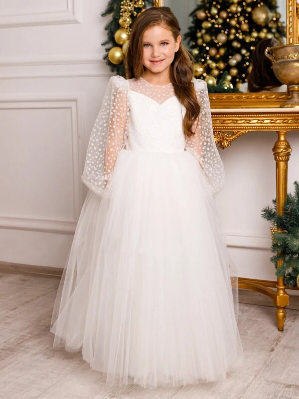 Spotted Top Tulle Flower Girl Dress O-neck Long Sleeve Banquet First Communion A-line Lovely Wedding Birthday Dress for Kids