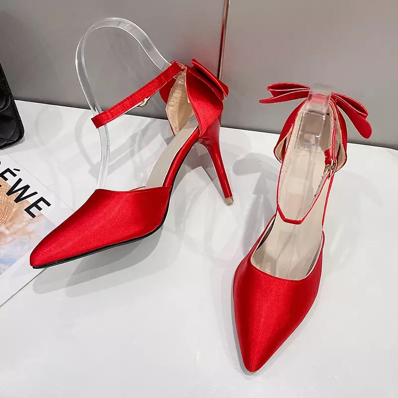 Sandalias de tacón alto con punta estrecha para mujer, zapatos de boda rojos, calzado de trabajo, primavera y verano, novedad