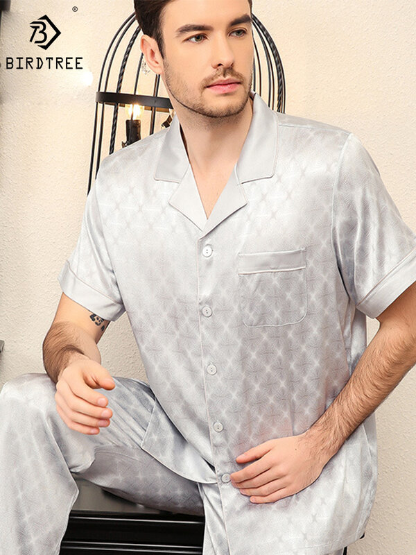 BirdTree-Conjunto de calças de pijama masculino, 93% seda amoreira, manga curta, lapela sólida, confortável, respirável loungewear, verão, S41677QD