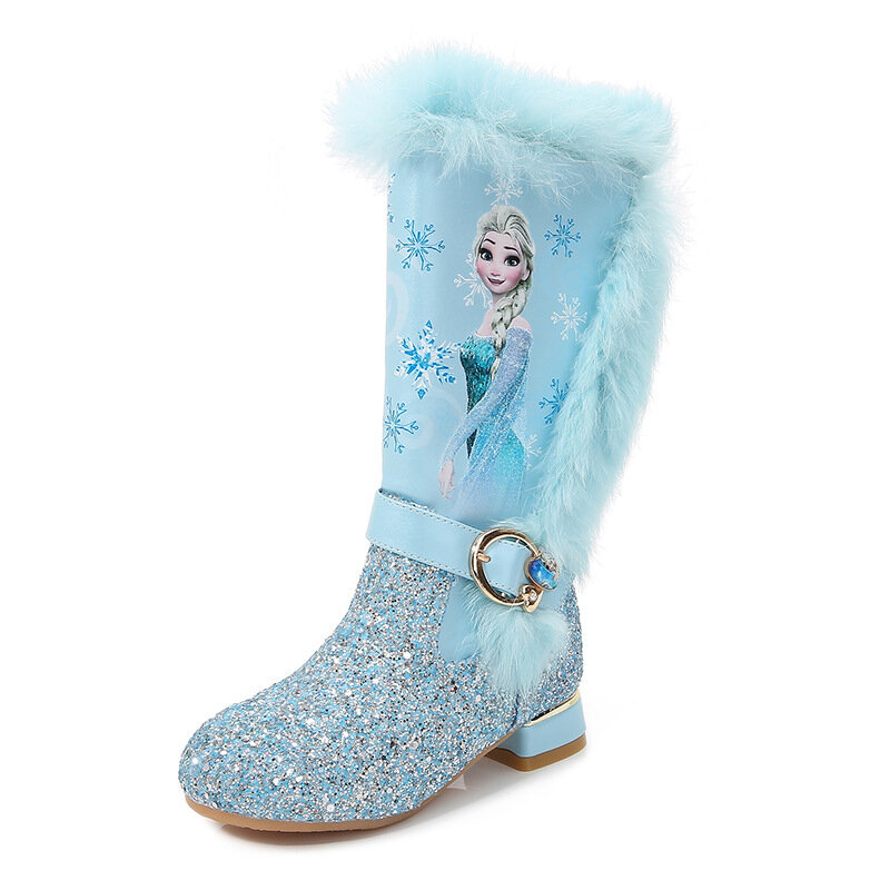 Disney-Botas de tacón alto para niña, botines cálidos de felpa de manga alta para nieve, princesa Elsa, color rosa y azul, talla 26-37, Invierno