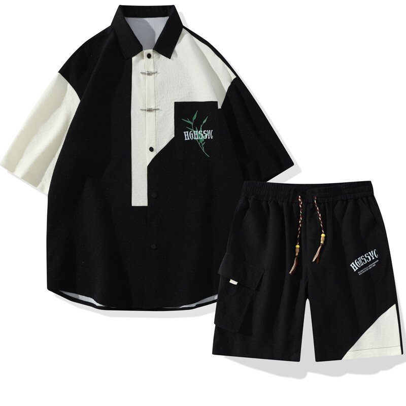Conjunto de camisa y pantalones cortos coreanos para hombre, conjunto de manga corta, informal, bloque de Color, moda Original, verano, 2024