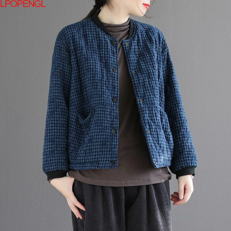 女性の市松模様のクリップジャカード綿のジャケット,だぶだぶのトップ,単色,冬服,秋のドレス,ポケット,新しい,2023