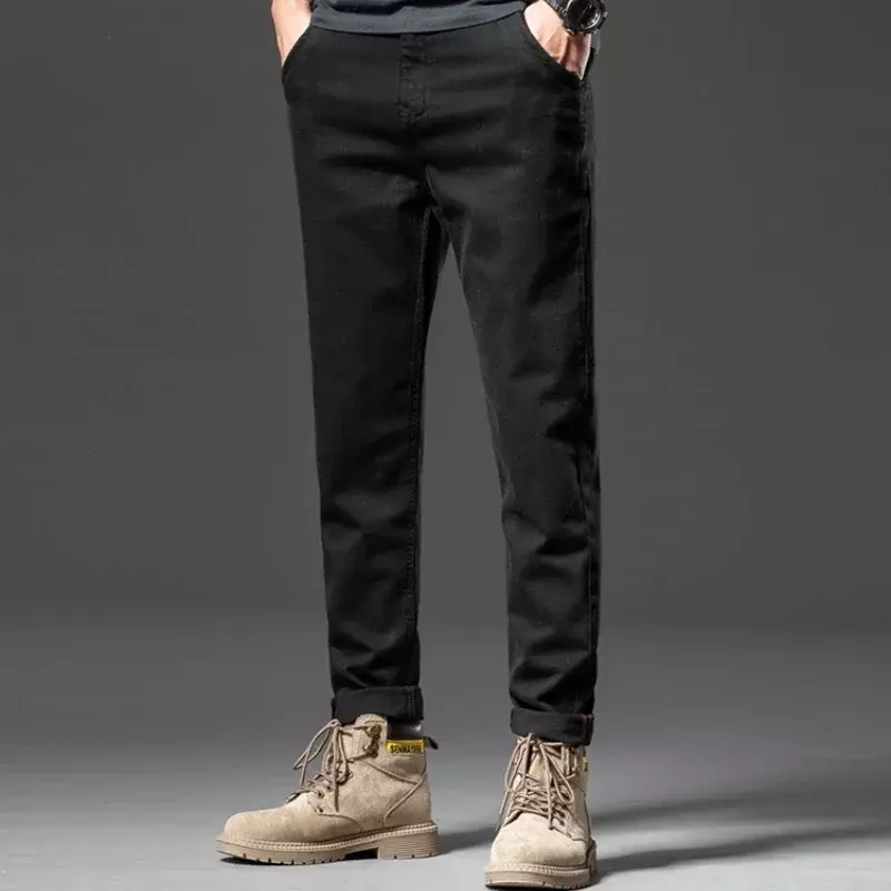 Calça casual slim fit masculina, jeans cônico incolor, jeans preto, coreana, nova, para outono e inverno