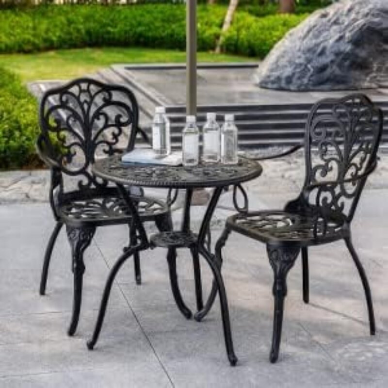 Bistro Table and Chairs Set of 2 with Umbrella Hole,Cast Aluminum Patio Bistro Sets 3 Piece,Outdoor Bistro Table Set