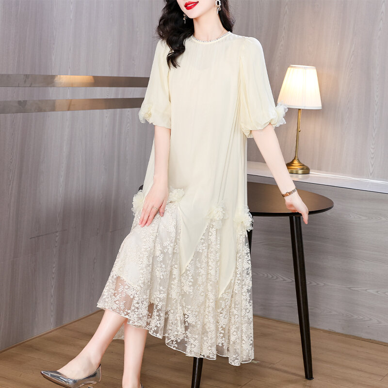 Vestido midi bordado floral de luxo feminino, vestido maxi solto elegante coreano, vestido chique vintage de verão, 2024