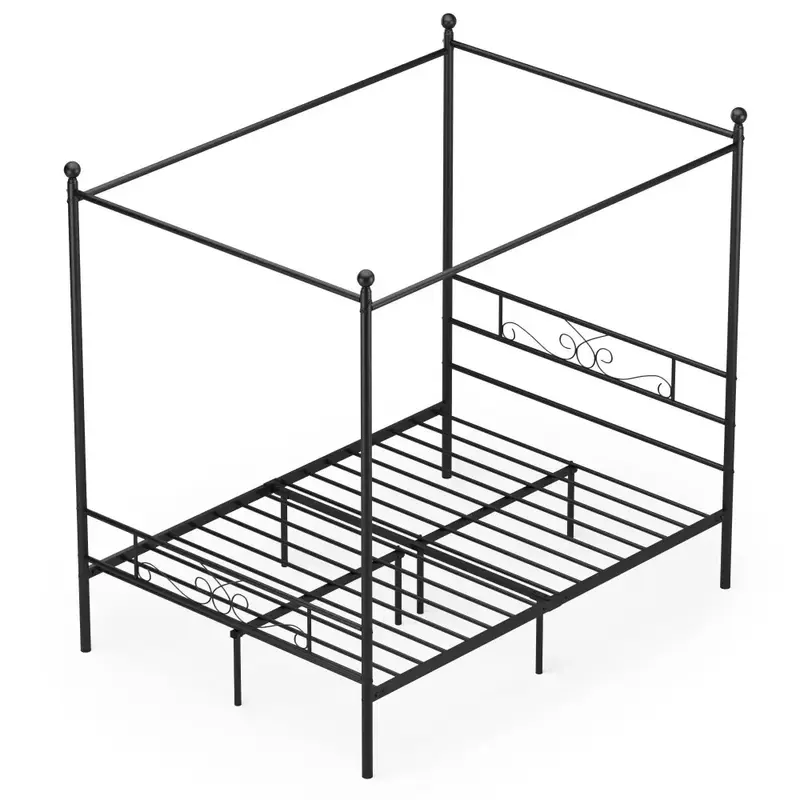 Marco de cama con dosel de tamaño completo, base de colchón de soporte de listón de Metal fuerte, marco de cama con dosel de Metal de 4 postes