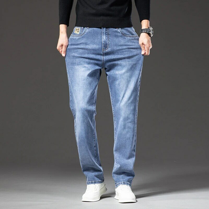 Осенние мужские свободные прямые серые джинсы, новинка 2022, модные повседневные Стрейчевые джинсовые брюки больших размеров 40, 42, 44, ярко-синие Брендовые брюки