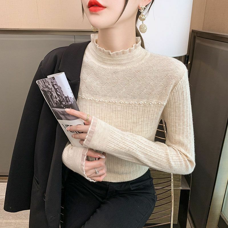 Lace Spliced Half Height Collar Pearl Inlay Design Basic Daily Style Thick Autumn Winter Slim Keep Warm Pullovers Ladies Sweater