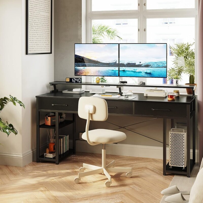 ODK-escritorio de ordenador con cajones y estantes de almacenamiento, escritorio de 63 pulgadas para oficina en casa con soporte para Monitor, estudio de trabajo moderno