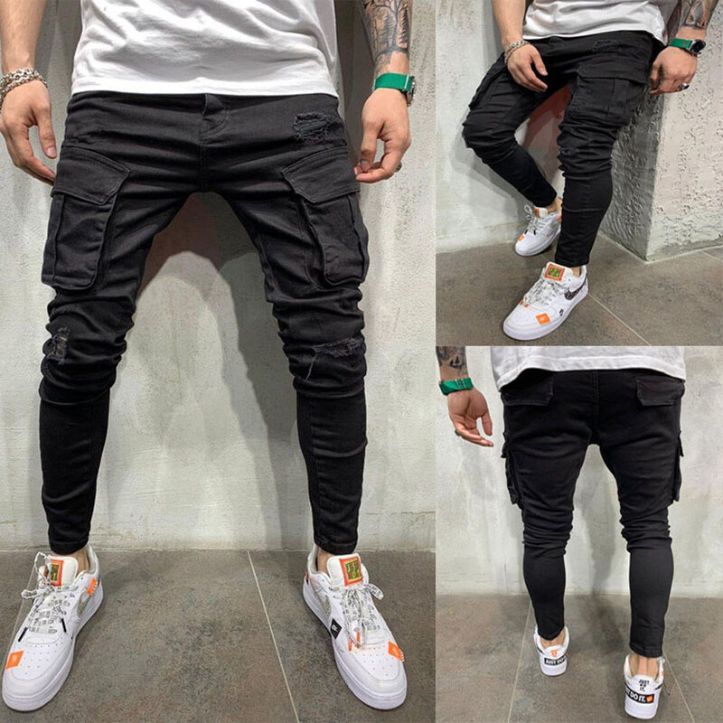 Męskie, obcisłe, elastyczne, porwane jeansy męskie, Slim Fit Denim wysokiej jakości dżinsowe modne spodnie dresowe spodnie Hip hopowe spodnie ołówkowe do joggera