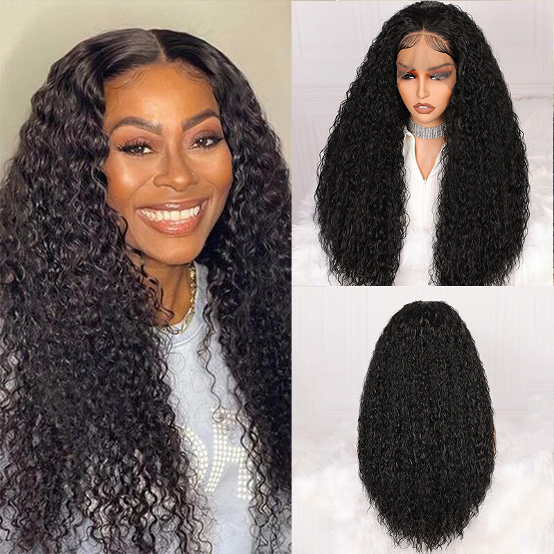 Long Glueless 26“ 180Density Black Kinky Curly Lace Front Wig For Women BabyHair Soft Black Preplucked Heat Resistant Daily Wig