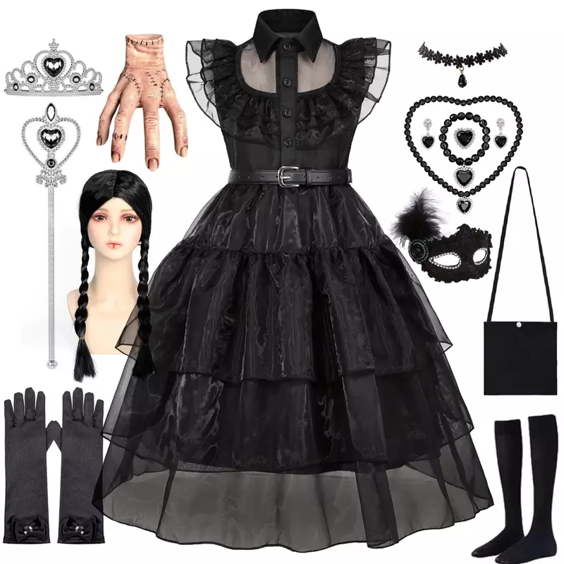 Wednesday Addams Costume Girl Kids Black Dress