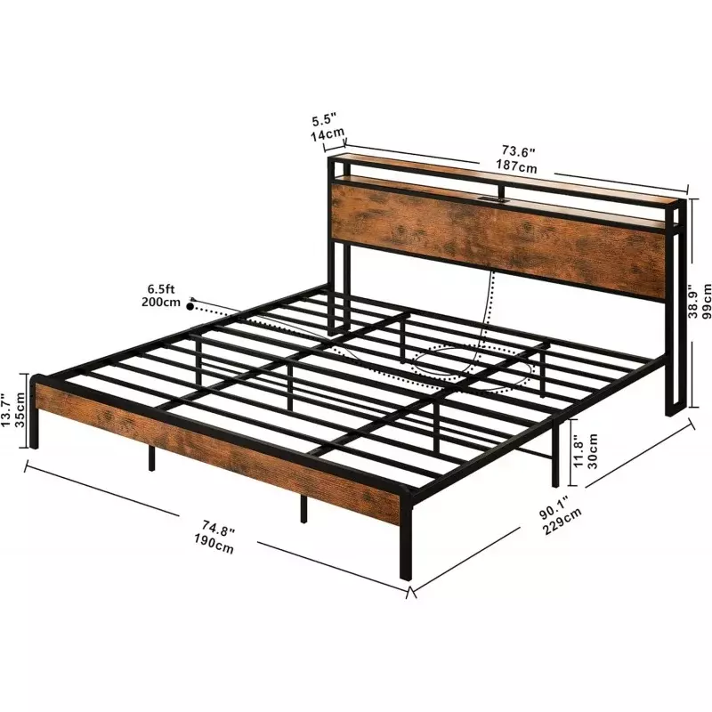 IRONCK-California King Bed Frames com Armazenamento Cabeceira e Estação de Carregamento, Heavy Duty Metal Slats, Noise Free Platform