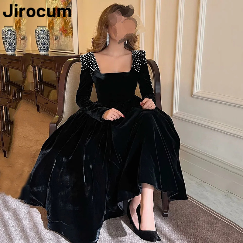 Jirocum Gorgeous Black Prom Dress Women's Long Sleeve Square Neck Party Evening Gown Velvet Saudi Arabia Formal Occasion Dresses