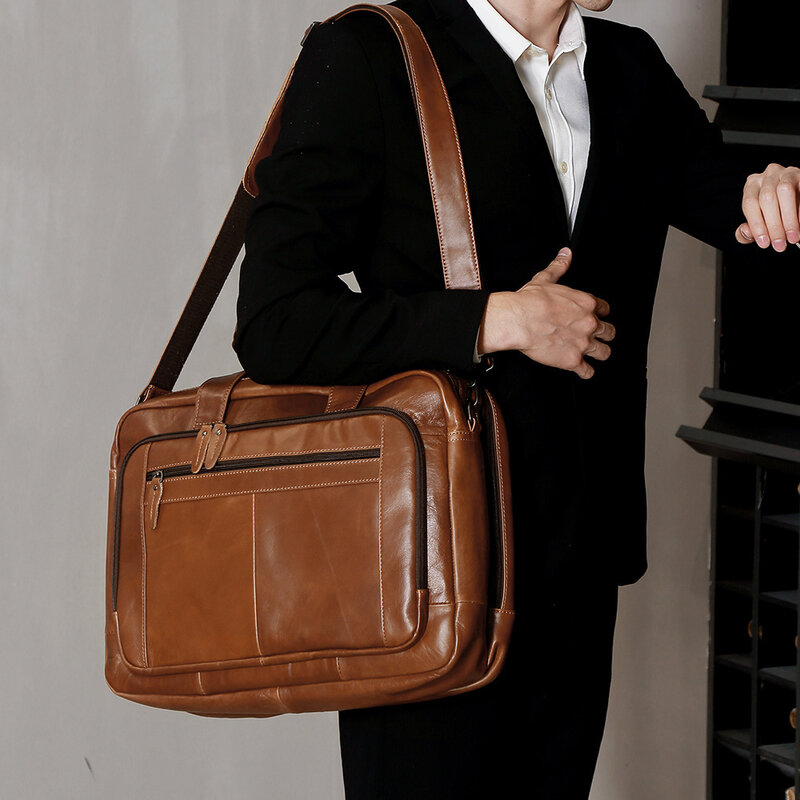 Malas de couro genuíno dos homens, 15,6 ", 17" Laptop Bag, grande capacidade, mensageiro do negócio, bolsa de ombro do escritório