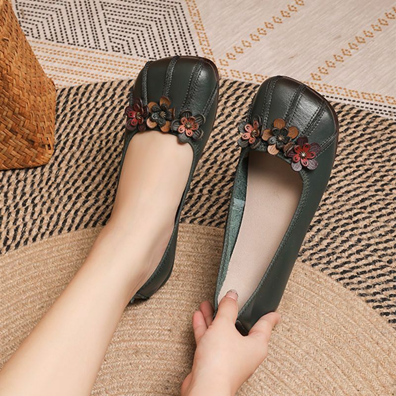 Sepatu flat balet ibu elegan retro sepatu dangkal bunga desainer mewah sepatu pantofel datar vintage ibu sepatu kulit guenine
