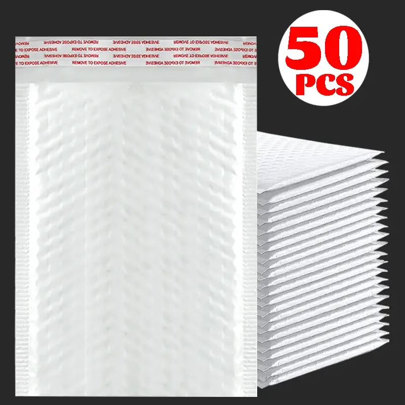 Bolsas de sobres de burbujas con película de perlas blancas, sobres acolchados impermeables para correo, autosellado, embalaje de envío, 50/10 piezas