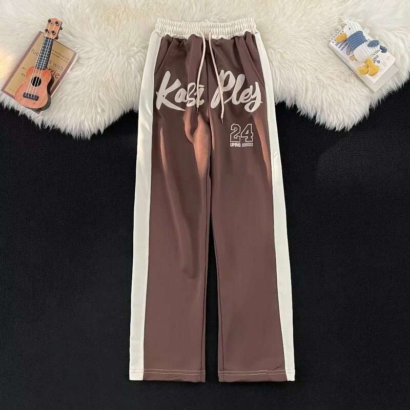 Y2K celana lurus longgar untuk pria, celana lebar kasual gaya Korea Vintage tembus udara, celana lurus longgar gaya jalanan