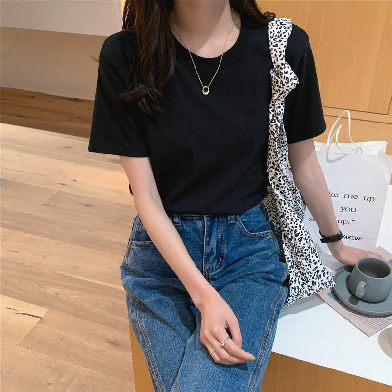 Camiseta lisa de manga corta para mujer, blusa holgada de algodón con cuello redondo en blanco y negro, Tops básicos finos, ropa informal Harajuku para exteriores