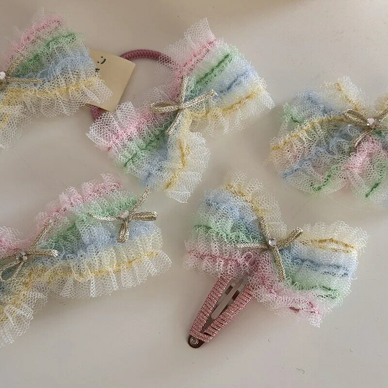 Horquilla de lazo de malla de arcoíris fresco de Primavera de estilo coreano para niños, horquilla de bebé, Clip lateral de pico de pato, tocado, accesorios para el cabello